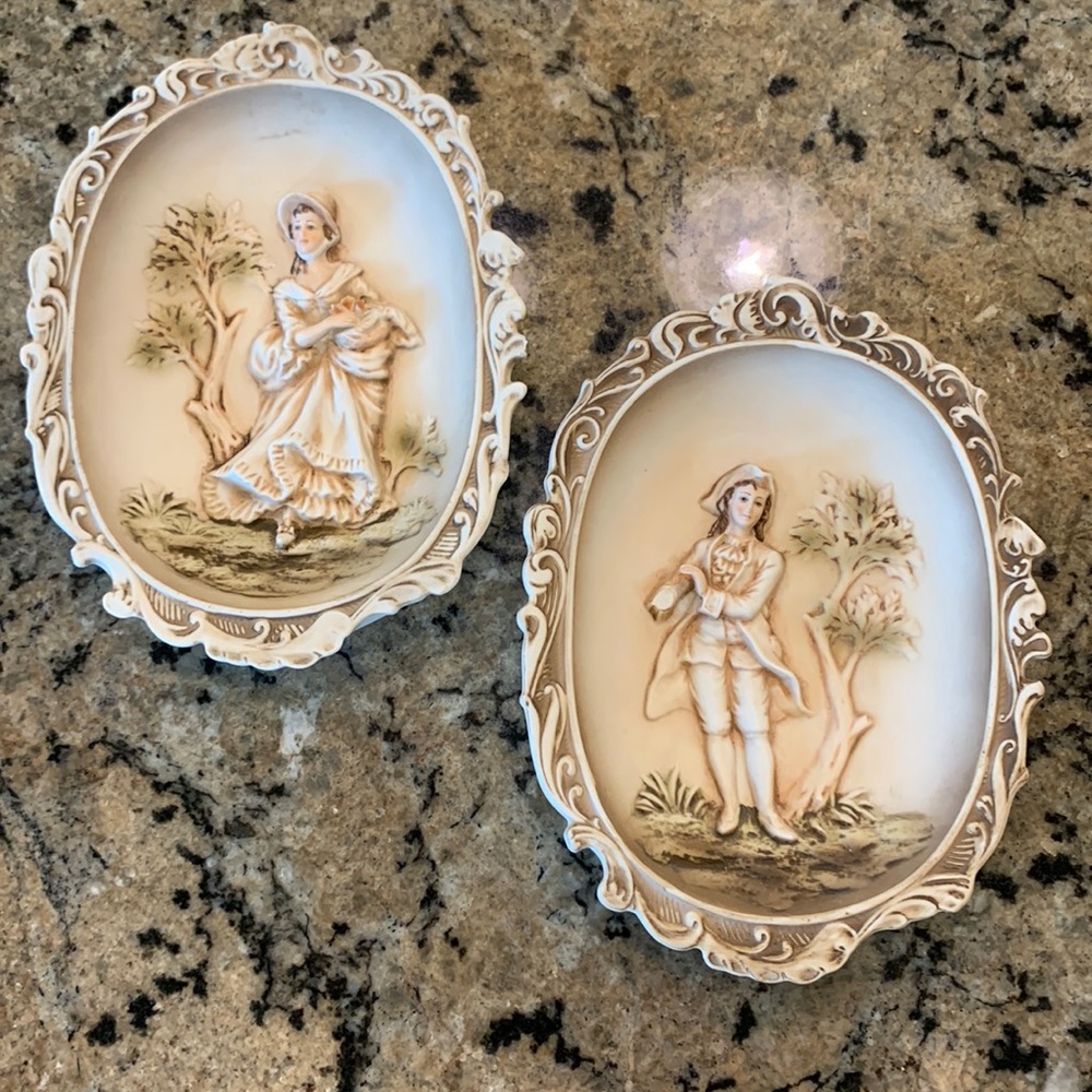 Vintage LEFTON China Hand Painted Wall Plaque Colonial Victorian Woman and Man